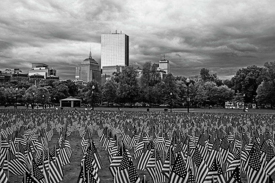 Boston Common Memorial Day Flags Dramatic Sky Boston MA Black and White Photograph by Toby McGuire