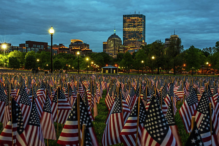 Boston Common Memorial Day Flags Dramatic Sky Boston MA Night Photograph by Toby McGuire