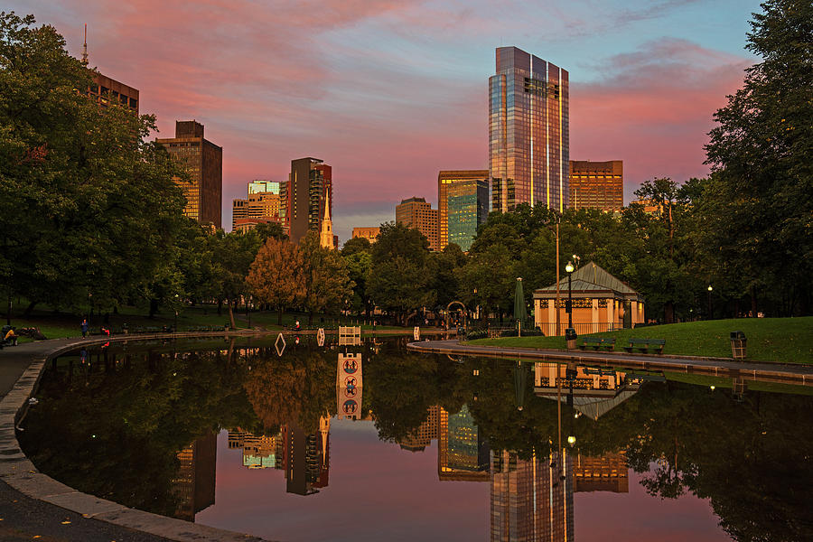Boston Common Frog Pond at Sunset Boston MA Red Sky Photograph by Toby McGuire