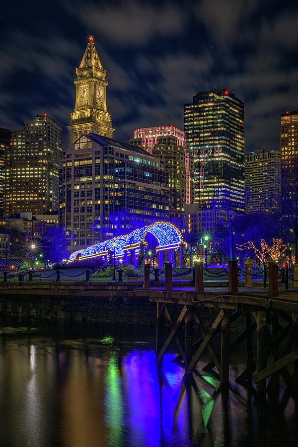 Boston Harbor and Christopher Columbus Park at Night Photograph by Kristen Wilkinson