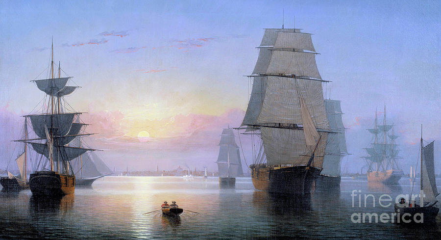 Boston Harbor in the setting sun Painting by Fitz Hugh Lane
