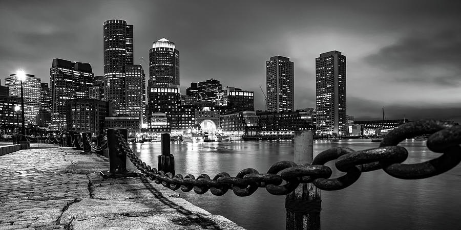 Boston Skyline Photograph - Boston Harbor Panoramic Skyline in Black and White by Gregory Ballos