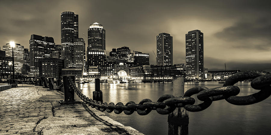 Boston Harbor Panoramic Skyline in Sepia Monochrome Photograph by Gregory Ballos