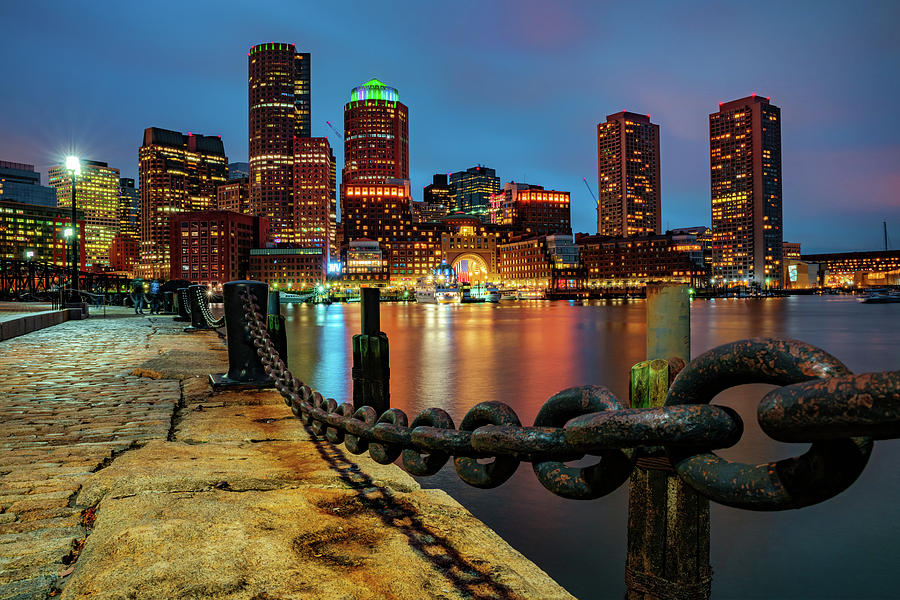 Boston Harbor Skyline From the Harborwalk at Dusk Photograph by Gregory Ballos
