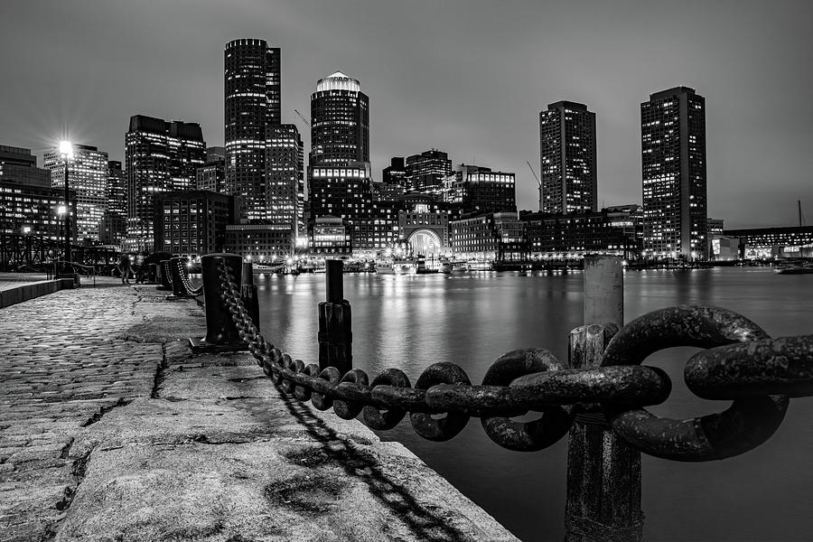 Boston Harbor Skyline From the Harborwalk in Black and White Photograph by Gregory Ballos