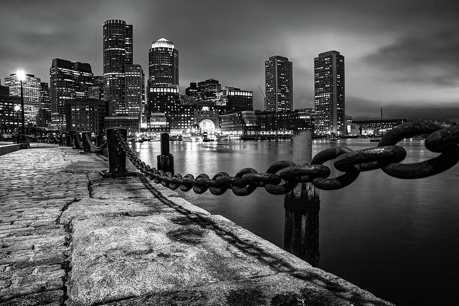 Boston Skyline Photograph - Boston Harbor Skyline in Black and White by Gregory Ballos