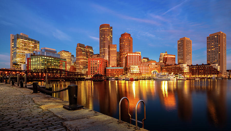 Boston harbor with cityscape and skyline on sunset Photograph by Anek Suwannaphoom
