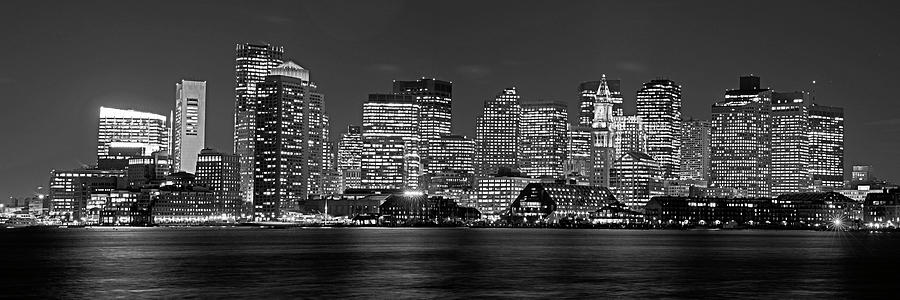 Boston lit up for Christmas Panorama Boston MA Boston Skyline Black and White Photograph by Toby McGuire