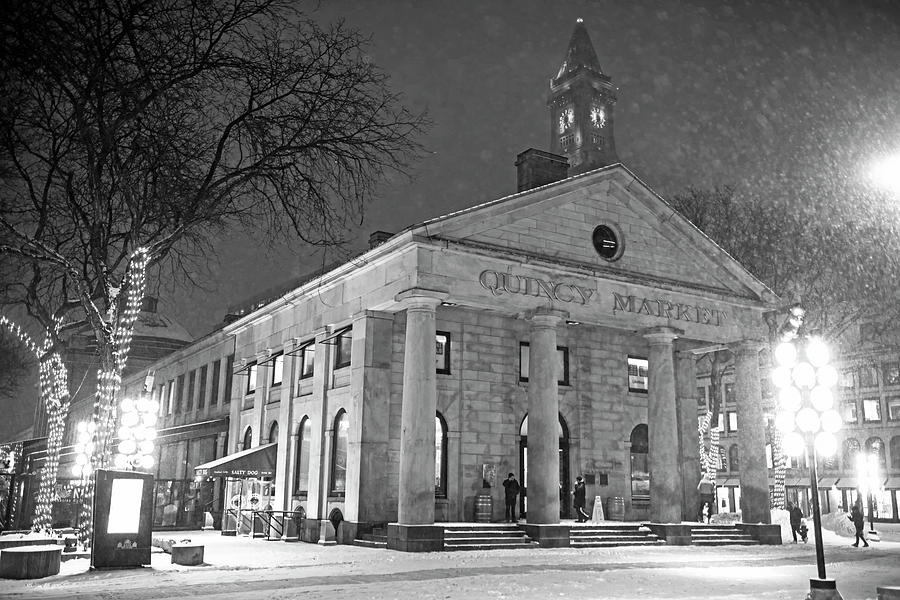 Boston MA Faneuil Hall in the Winter Snowstorm black and white Photograph by Toby McGuire