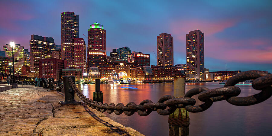 Boston Harborwalk Photograph - Boston Massachusetts Skyline Sunset Panorama Along the Harborwalk by Gregory Ballos
