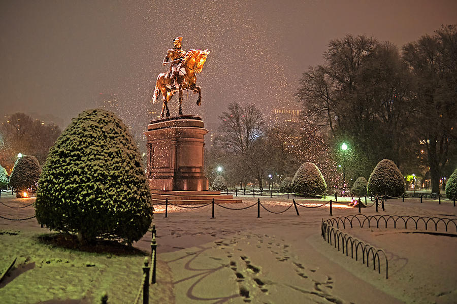 Boston Public Garden Goerge Washington Statue Snowstorm Boston MA Photograph by Toby McGuire