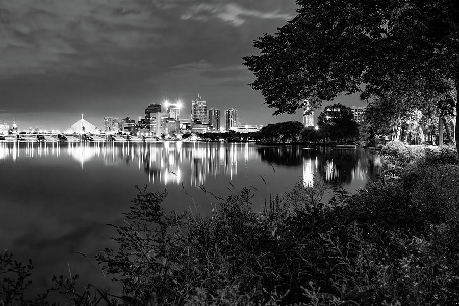 Boston Skyline and Charles River At Dawn in Black and White Photograph by Gregory Ballos