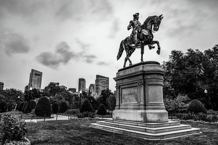 Boston Skyline And George Washington Statue - Black And White Photograph