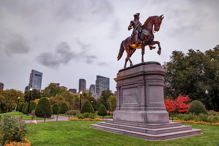 Boston Skyline and George Washington Statue in Autumn Photograph by Gregory Ballos