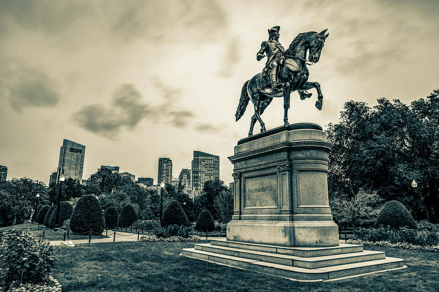 Boston Skyline And George Washington Statue In Sepia Photograph