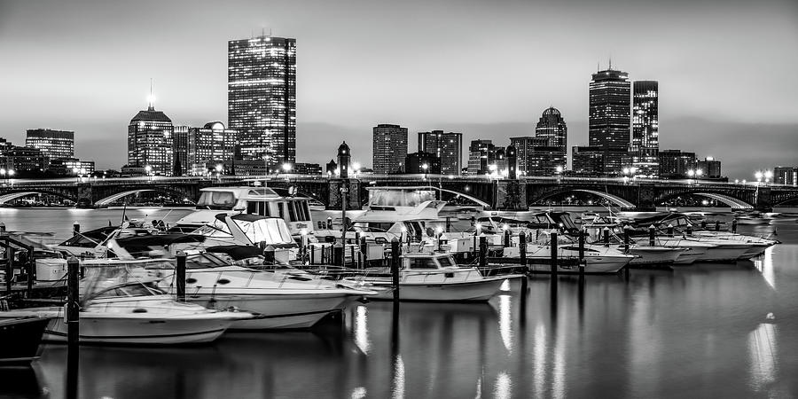 Boston Skyline Photograph - Boston Skyline and Yacht Club Panorama - Black and White by Gregory Ballos