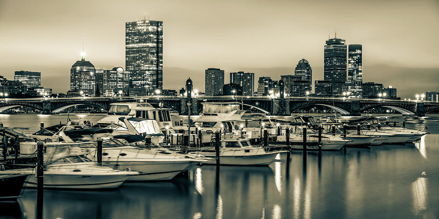 Boston Skyline Photograph - Boston Skyline and Yacht Club Panorama - Sepia by Gregory Ballos