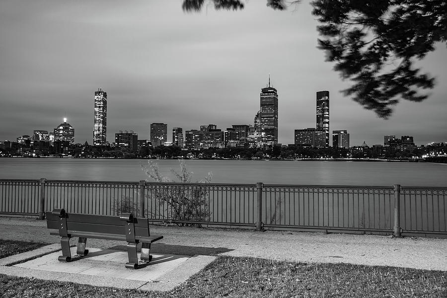 Boston Skyline from Cambridge Parkway - Black and White Photograph by Gregory Ballos