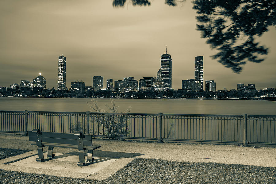 Boston Skyline Photograph - Boston Skyline from Cambridge Parkway - Sepia Edition by Gregory Ballos