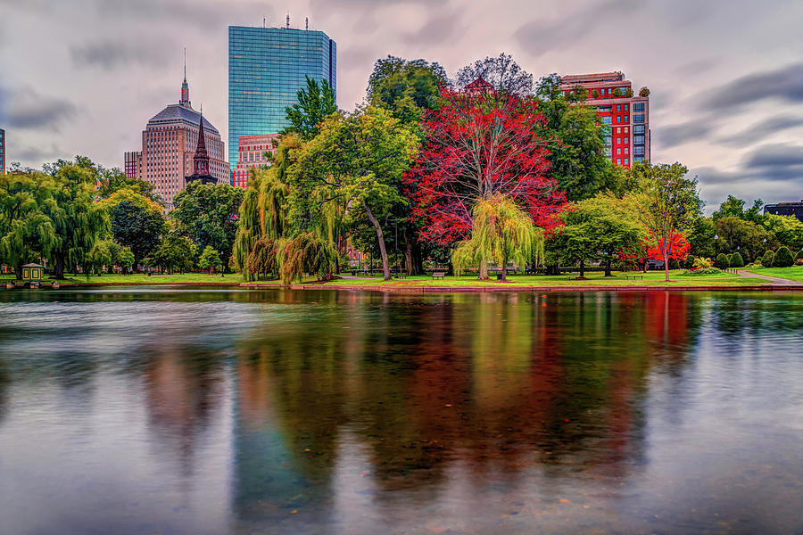 Boston Skyline Reflections and Autumn Landscape from Boston Public Garden Photograph by Gregory Ballos