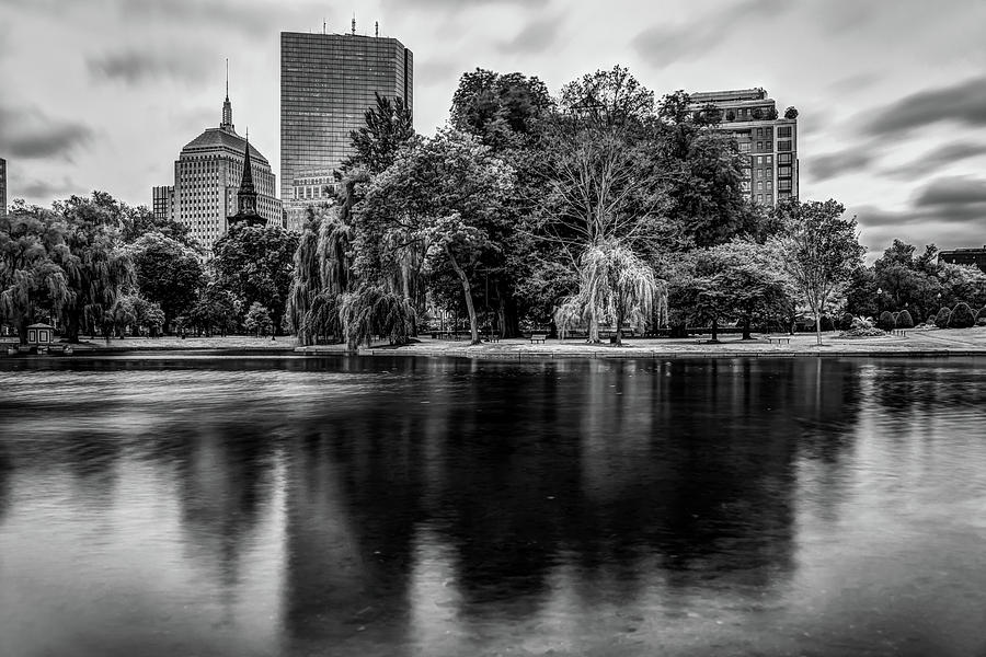 Boston Skyline Reflections from Boston Public Garden - Black and White Photograph by Gregory Ballos