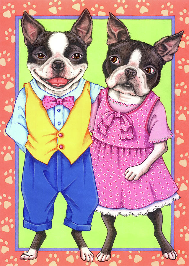Dog Mixed Media - Boston Terrier Couple by Tomoyo Pitcher