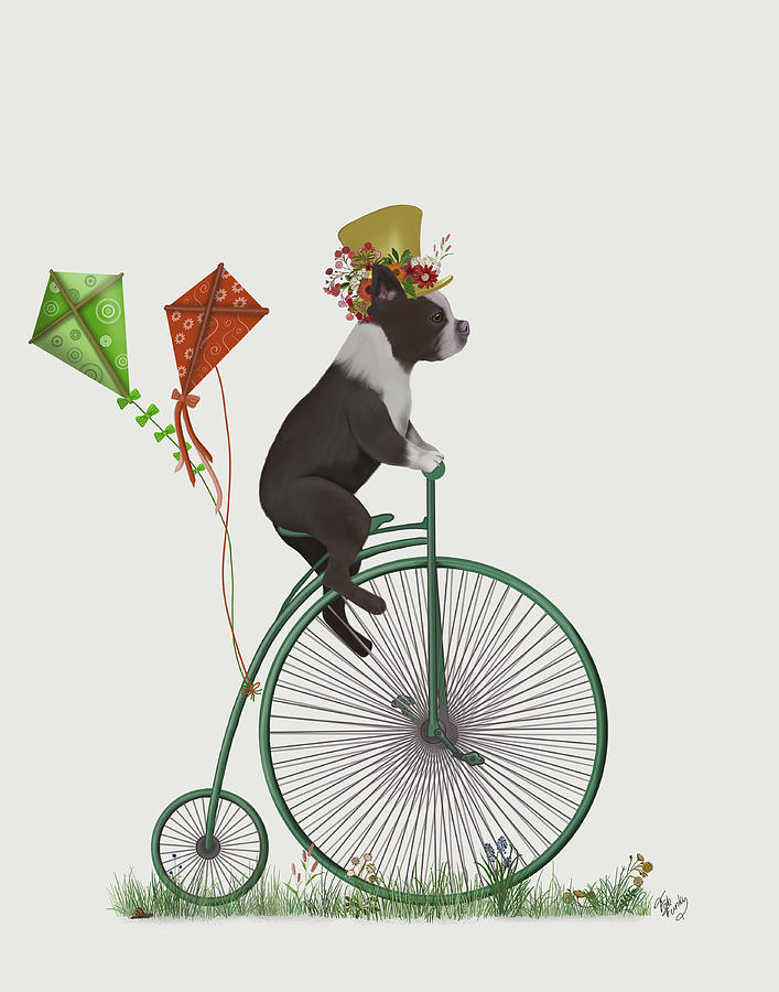 Boston Terrier On Penny Farthing Painting by Fab Funky