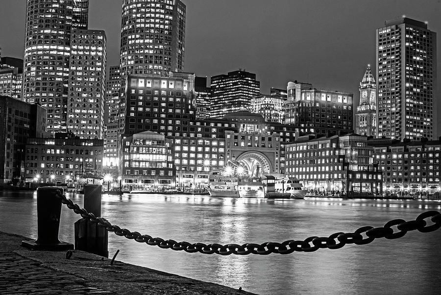 Boston Waterfront in Red White and Blue Boston MA Black and White Photograph by Toby McGuire