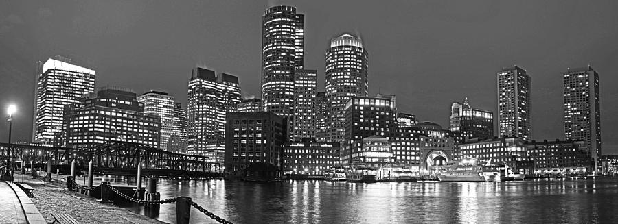Boston Waterfront Pano Boston MA Black and White Photograph by Toby McGuire