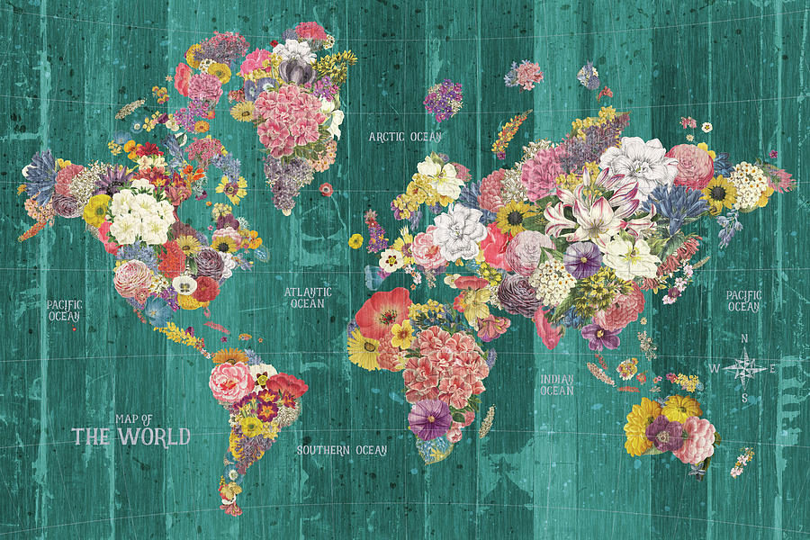 Flower Mixed Media - Botanical Floral Map Words Aqua by Wild Apple Portfolio