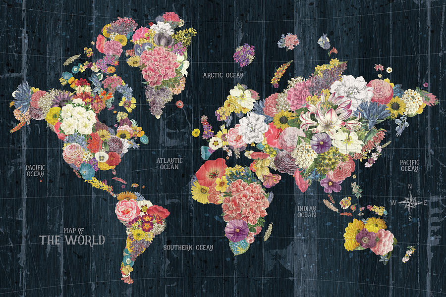 Flower Painting - Botanical Floral Map Words by Wild Apple Portfolio