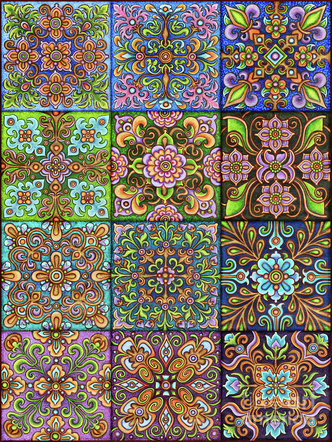 Botanical Mandala Tiles 1 Painting by Amy E Fraser