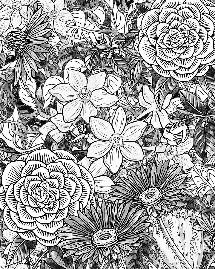 Botanical Watercolor Flowers Garden Flowerbed Black And White I Painting by Irina Sztukowski