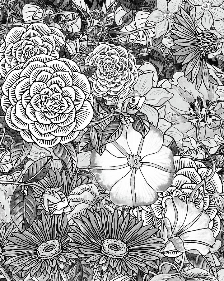 Botanical Watercolor Flowers Garden Flowerbed Black And White III Painting by Irina Sztukowski