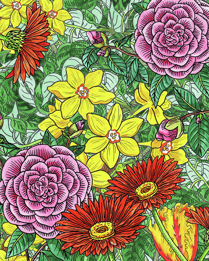 Botanical Watercolor Flowers Garden Flowerbed I Painting by Irina Sztukowski