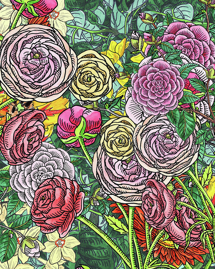 Botanical Watercolor Flowers Garden Flowerbed V Painting by Irina Sztukowski