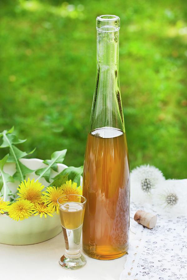 Bottle And Glass Of Dandelion Flower Liqueur Photograph by Sabine Lscher