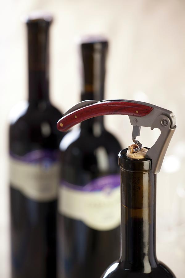 Bottle Of Red Wine With Corkscrew Photograph by Studio Lipov
