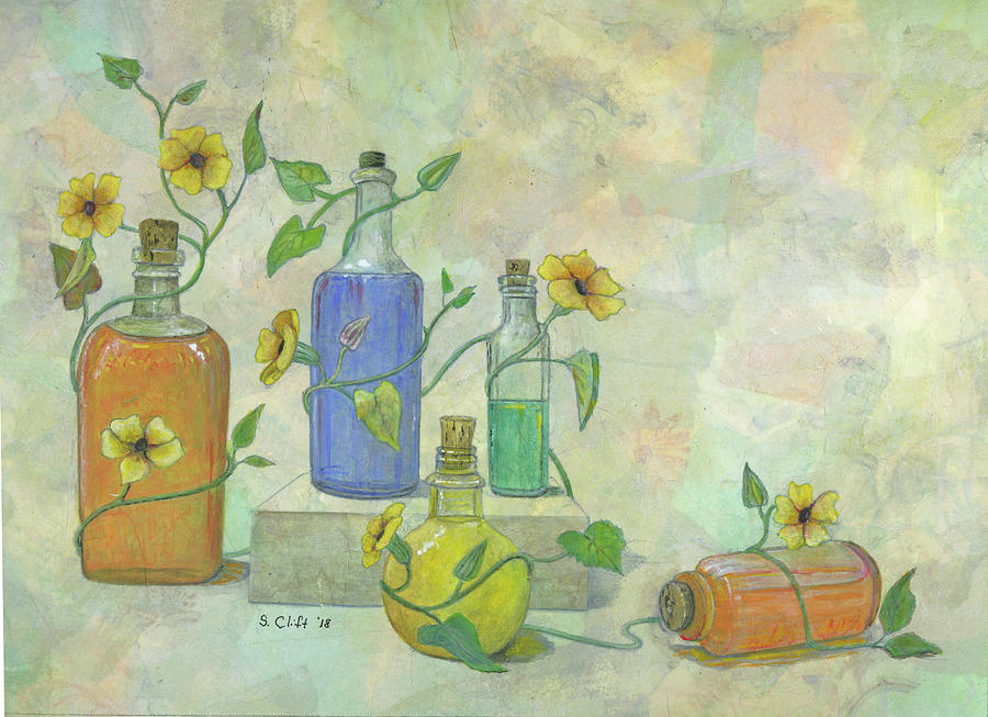 Bottles and Blossoms Mixed Media by Sandy Clift
