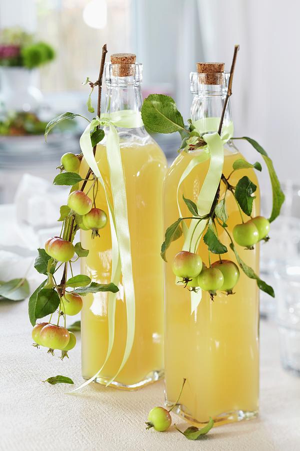 Bottles Of Apple Juice Decorated With Sprigs Of Ornamental Apples Photograph by Franziska Taube