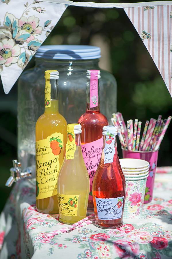 Bottles Of Juice, Paper Cups And Drinking Straws On Garden Table With Floral Tablecloth In Sunshine Photograph by Winfried Heinze