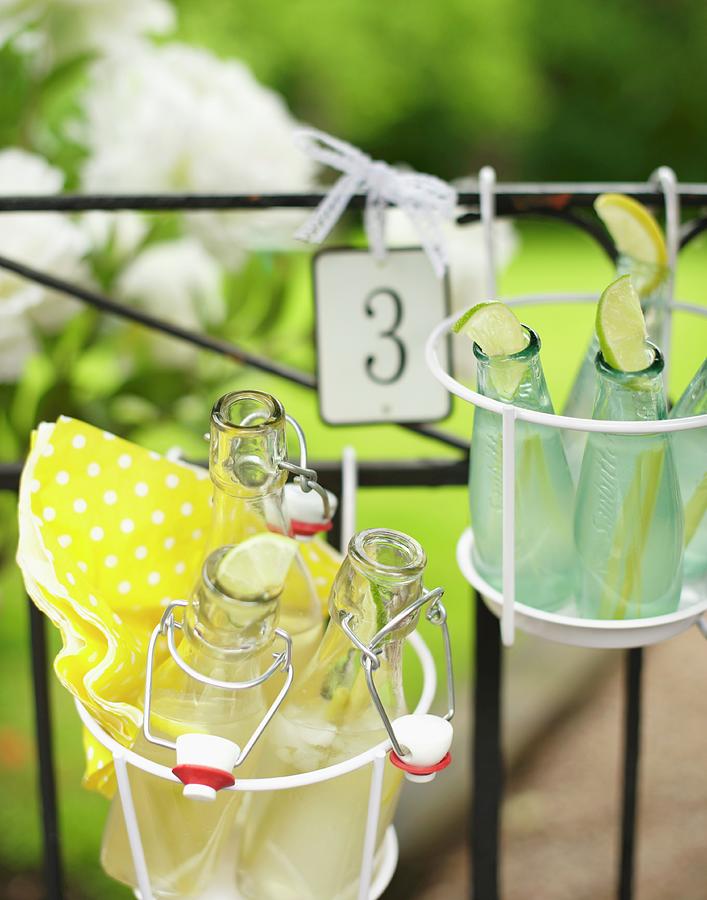 Bottles Of Lemonade In Wire Basket Hung On Garden Fence Photograph by Hannah Kompanik