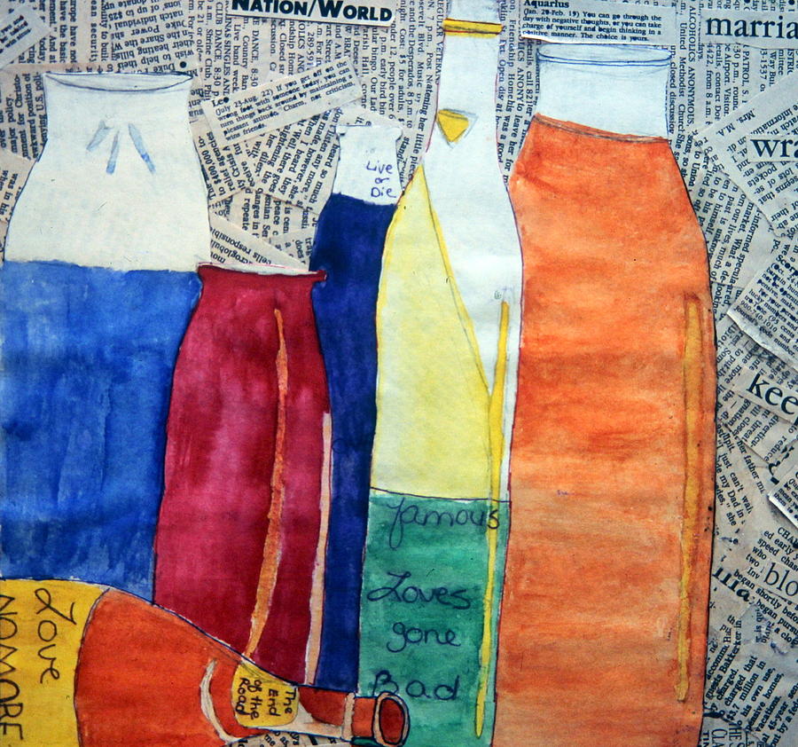 Bottles on Newspaper Pieces Mixed Media by Ali Baucom