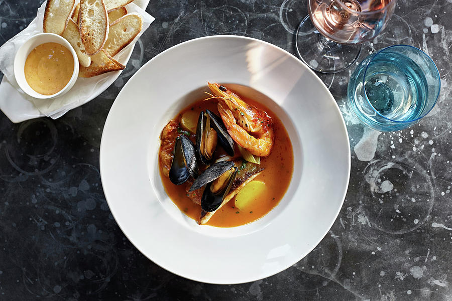 Bouillabaisse, Rouille, Toast And Rose Wine Photograph by Steven Joyce
