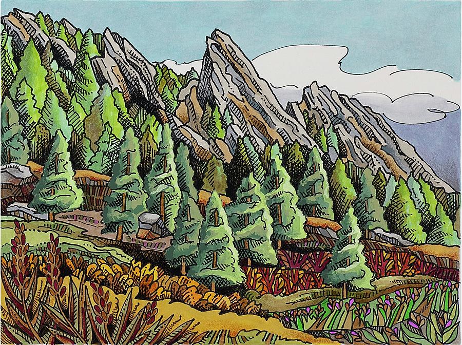 Boulder Flatirons Fall Drawing by Janice A Larson