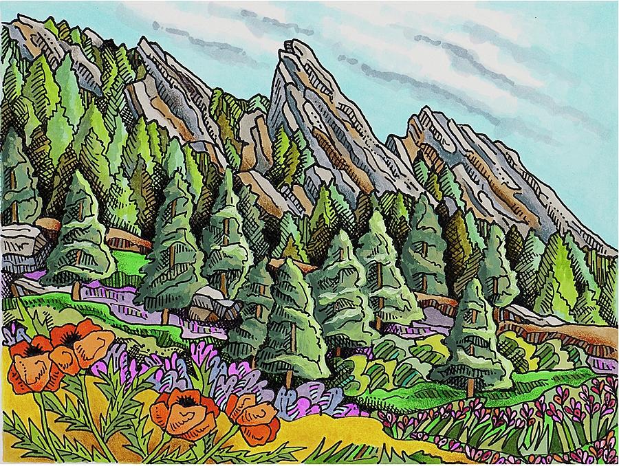 Boulder Flatirons Summer Drawing By Janice A Larson