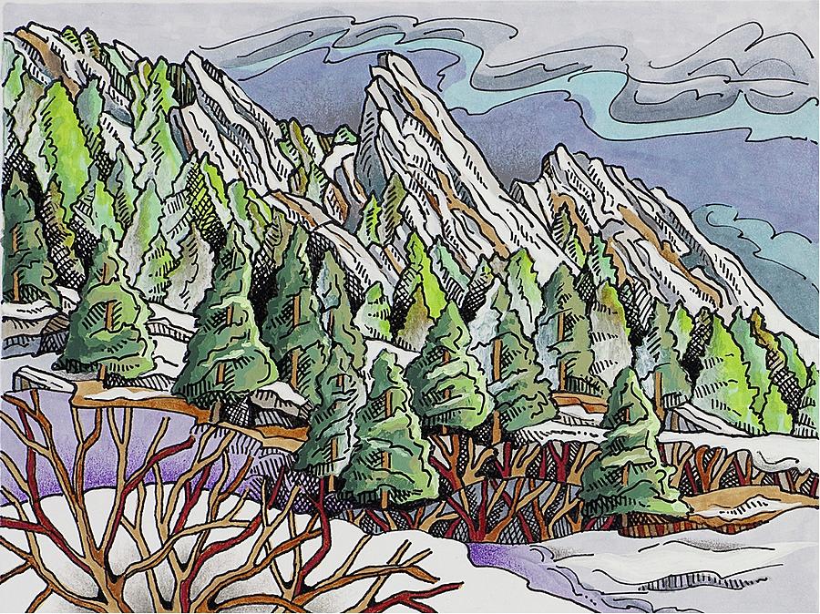 Boulder Flatirons Winter Drawing by Janice A Larson