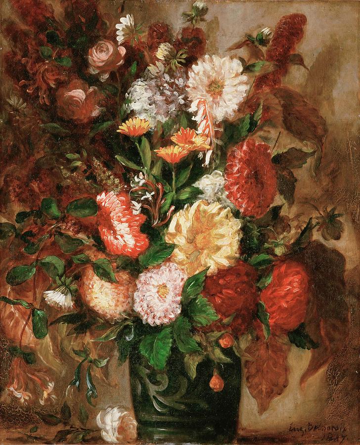 Bouquet de fleurs dans un vase de gres - flowers in an earthenware pot, 1847 Canvas, 65 x 43 cm. Painting by Eugene Delacroix -1798-1863-