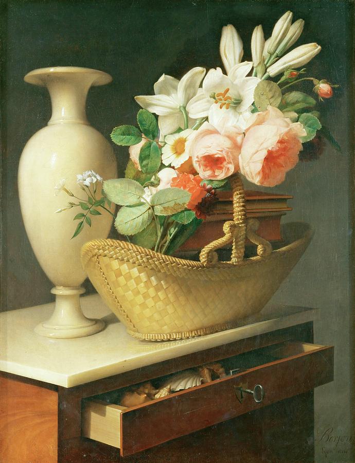 Bouquet de lys et de roses dans une corbeille pose sue une chiffoniere, 1814. Canvas, 66 x 49,5 cm. Painting by Album