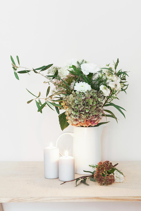 Bouquet Of Hydrangea, Dahlia, Carnation, Roses And Olive Branch Photograph by Hej.hem Interior